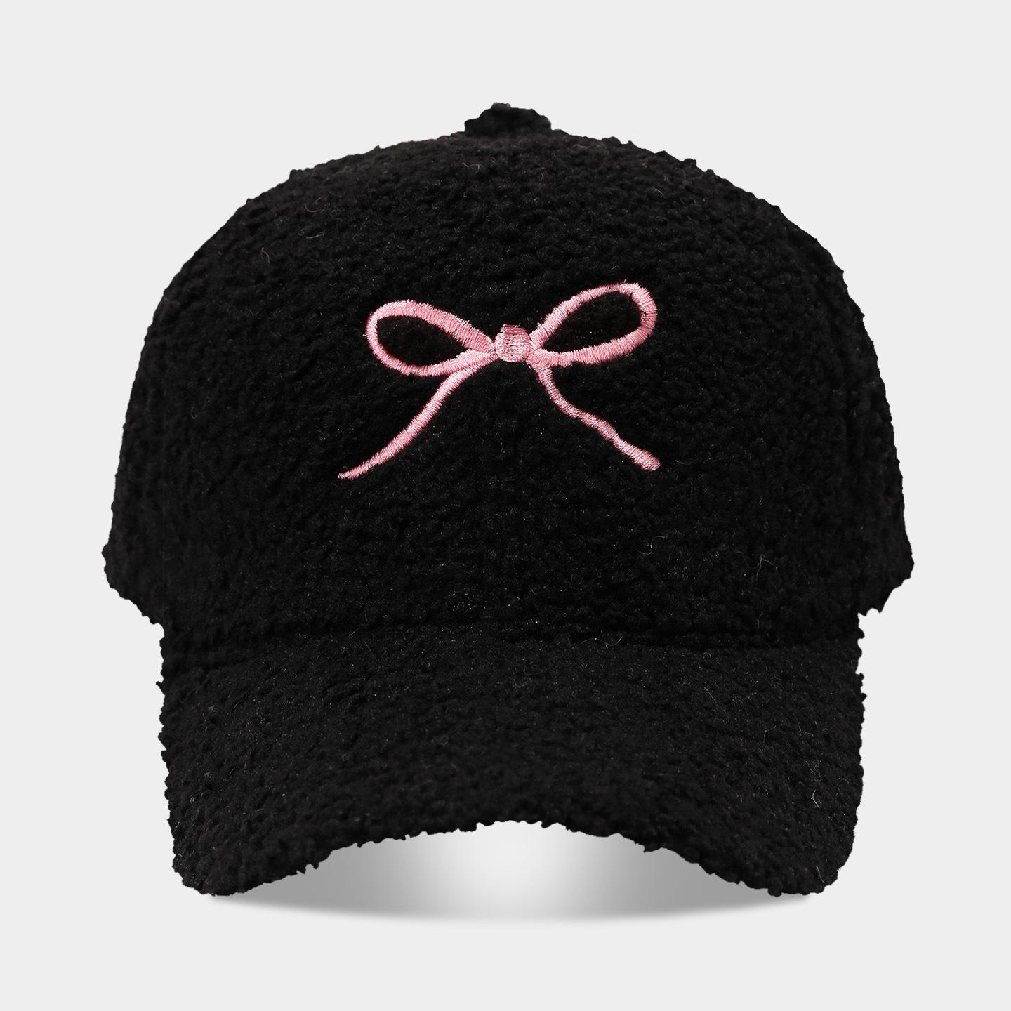

Women S Autumn And Winter Sheepskin Warm Cap, Fashionable Bow Embroidery Teddy Fur Face-Enhancing Small Baseball Cap Adjustable чёрный