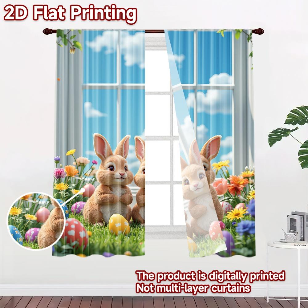 2D Flachdruck 2 Stück Vorhang Osterhasen und Eier(1 Digitalbedruckter Polyester-Vorhang Festliche Wanddekoration Zur festlichen Nutzung