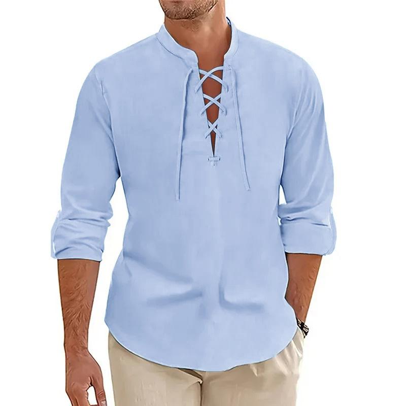 

Мужская винтажная рубашка из хлопка и льна со шнуровкой, повседневная, с длинным рукавом и воротником-хенли, однотонная, дышащая, модная уличная одежда L синий