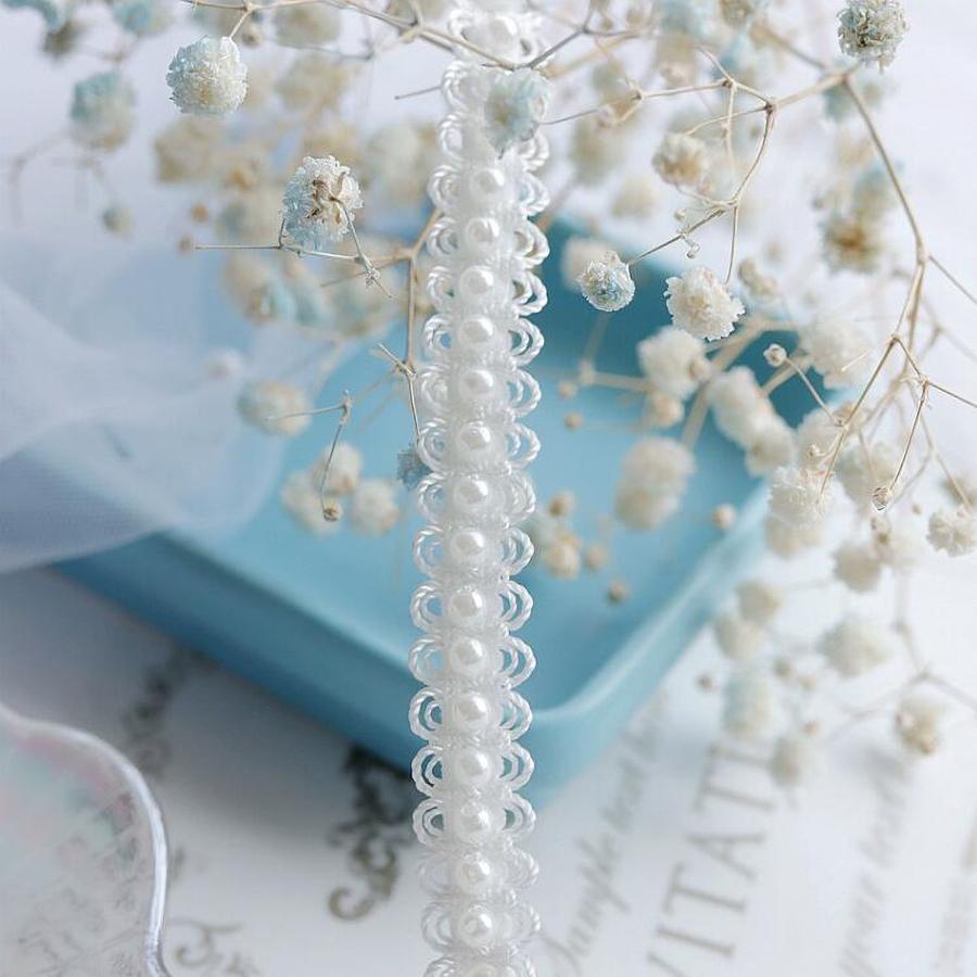 2 Yards/182cm White Black Pearl Beaded Lace Fabric Embroidered Beaded Sewing Accessories 1.2CM Wide