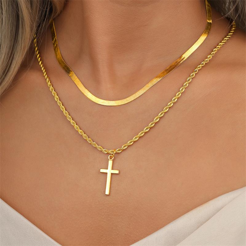 Stainless Steel Necklaces Cross Pendant Choker Double Stacked Wear Light Luxury Fine Necklace For Women Jewelry Gifts