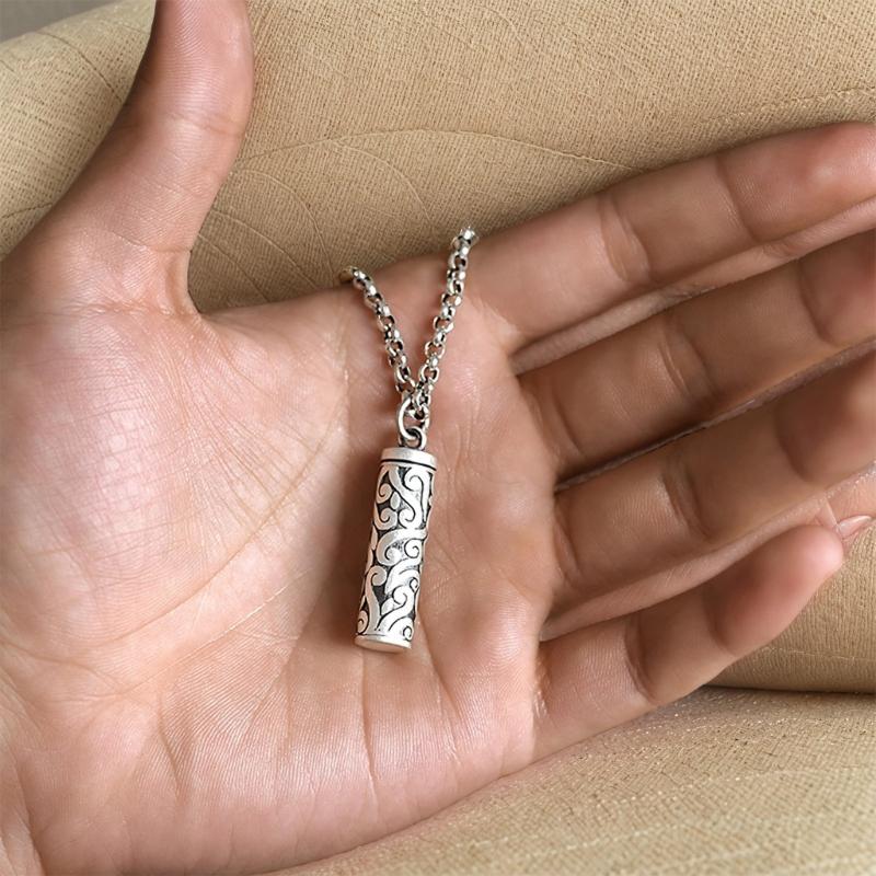 Ancient Hollow Charm Necklace For Holding Sacred Scroll Engraved Intricate Design Matte Finish Black Strap Included