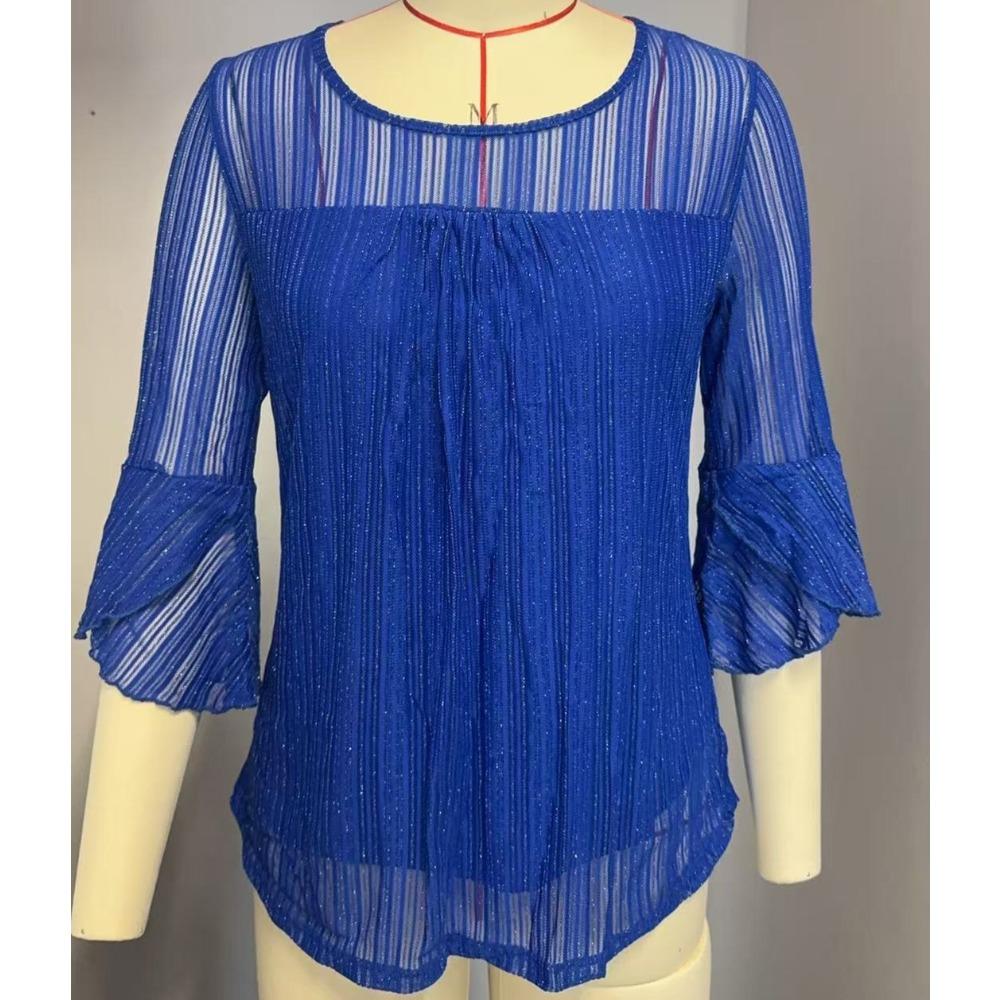 Elegant and Fashionable Round Neck Ruffle Sleeves Sparkling Mesh Top Women's T-shirts