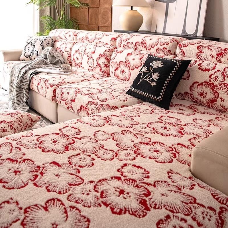 Strapazierfähige Heavy-Duty-Matratzenbezüge Vollständiges Paket Allgemeine Schonbezüge Kratzfest Plüschtextil Blumenmuster Sofa-Set Matratze Scharlachrot Plus-S 1pc