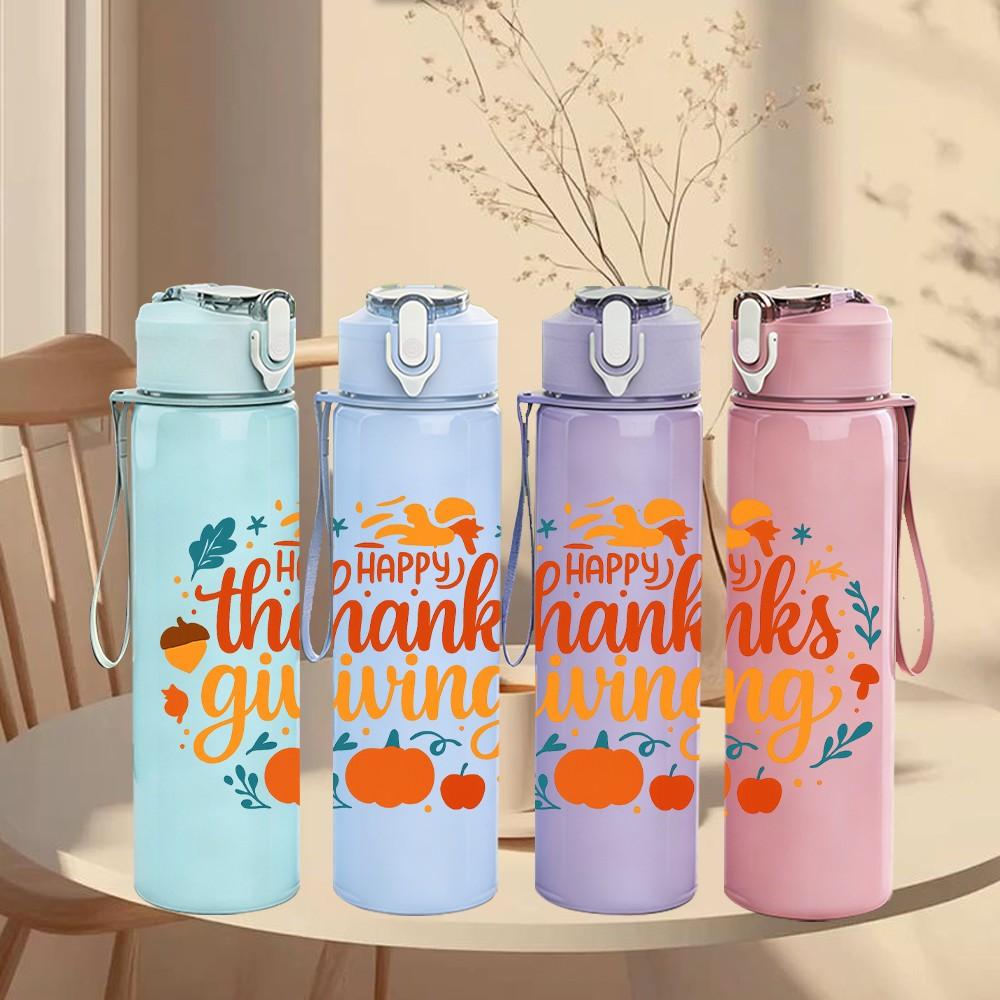 1PC Happy Thanksgiving Circle Art 750ml Color Plastic Sports Water Bottle Leakproof Flip Straw Lid Suitable for Sports Office Home Use