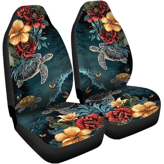 Bulopur Multicolor Polyester Universal Fit Car Truck SUV Van Automotive Seat Covers, 2pcs Front, Hibiscus Floral & Sea Turtle Print