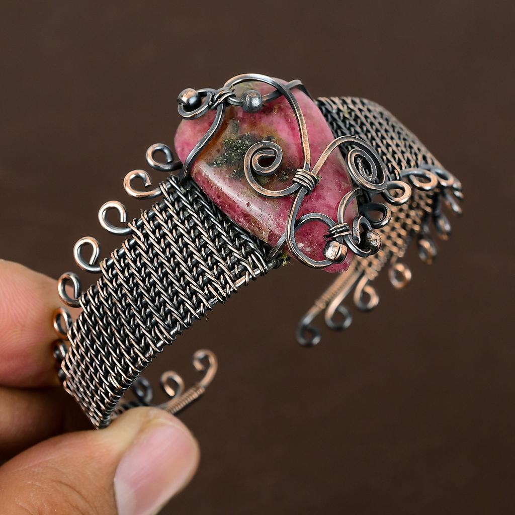 Rhodonite Handmade Copper Wire Wrap Bangle Adjustable B3y09