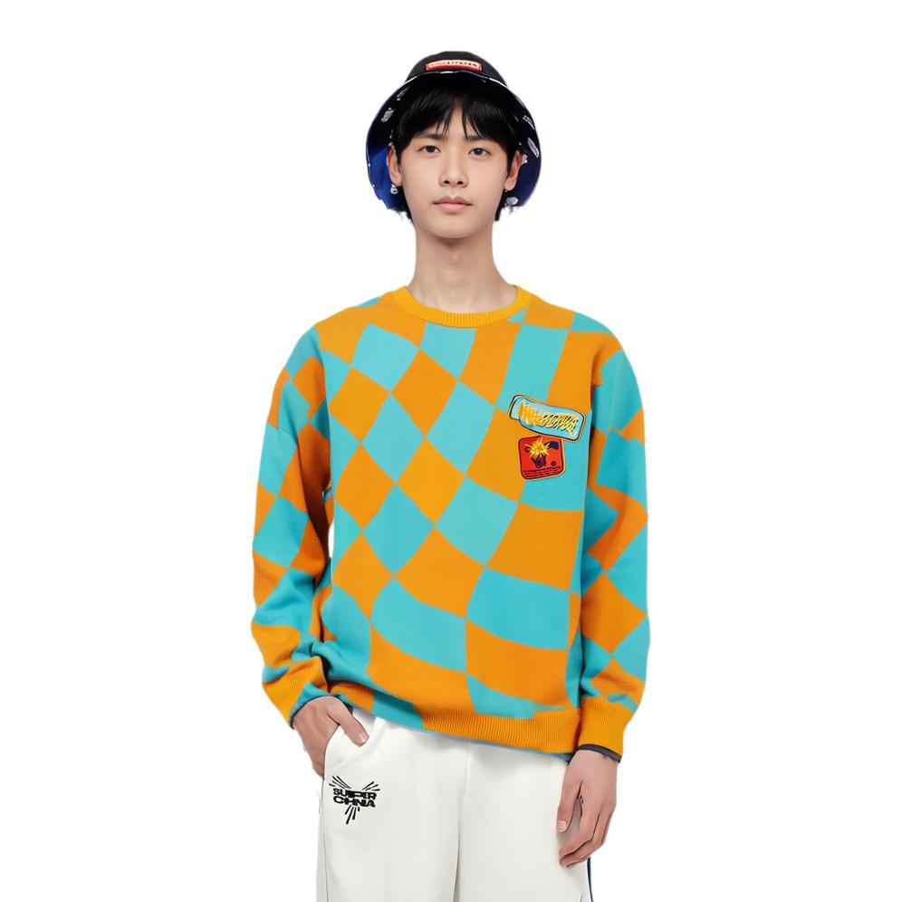 Li Ning Badfive Woven Long Sleeve Crew Neck Loose Checkered Sweater Men sweater Zest-Orange Bachelor-Blue AMBS149-2