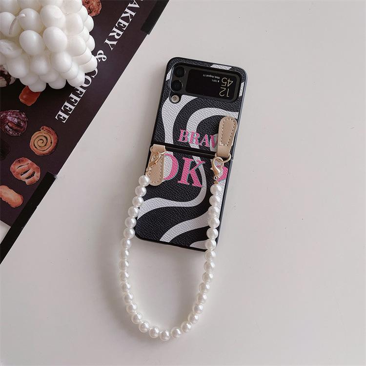 Applicable To Samsung ZFlip3 Folding Screen Mobile Phone Case, Zebra Pattern Pearl Lanyard Zflip4 Portable Wristband Protective Case