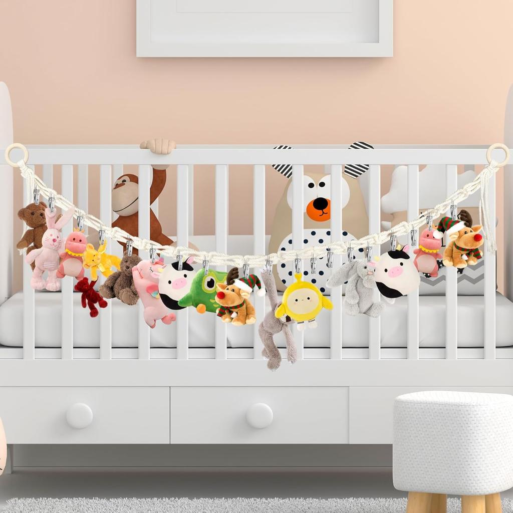 Cotton Plush Animal Storage Rope with 20 Metal Clips, Wall-mounted Hanging Storage Rack, Suitable for Kindergarten Playrooms