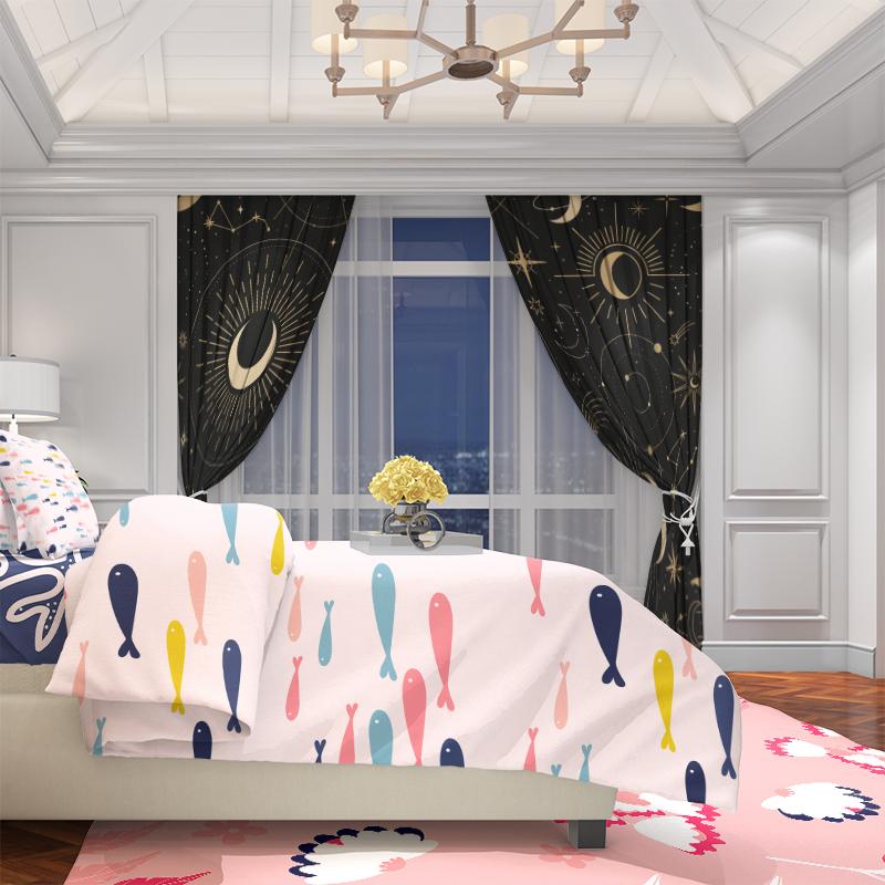 2Pcs Moon Stars - Printed curtains, Polyester material, bedroom curtains, Living room decor, home decor