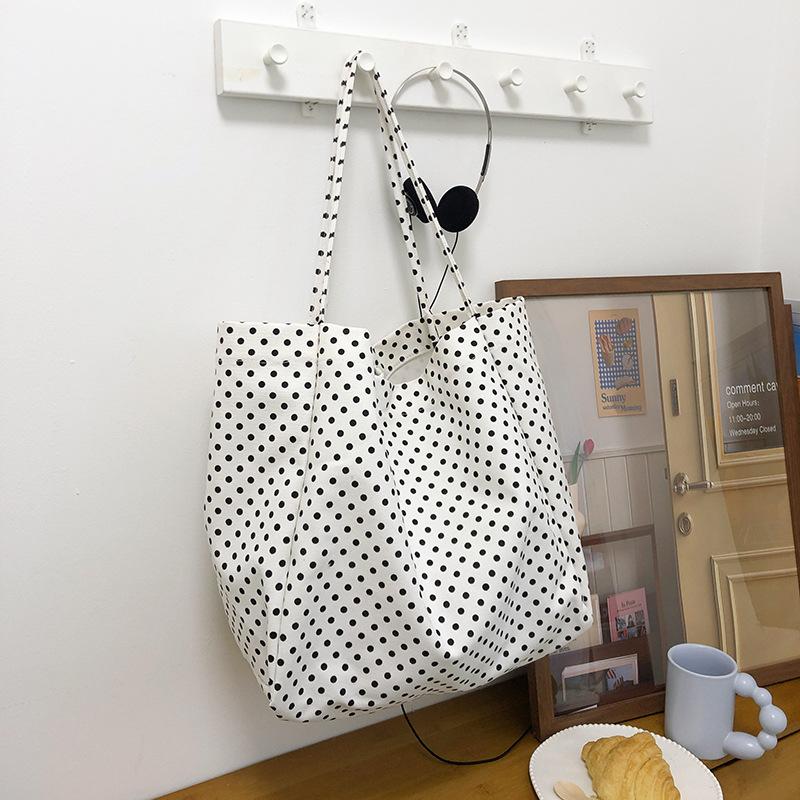 

Yogodlns Casual Shoulder Bags Large Capacity Canvas Shopping Totes Bag High Quality Dot Design Eco Reusable Handbag for Women 36x23x34cm білий