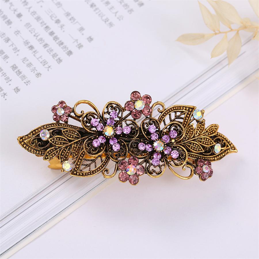 Korean Fashion Retro Colorful Rhinestone Hairpin Elegant Ladies Bronze Metal Flower Plate Hair Top Clip Headband Hair Accessory