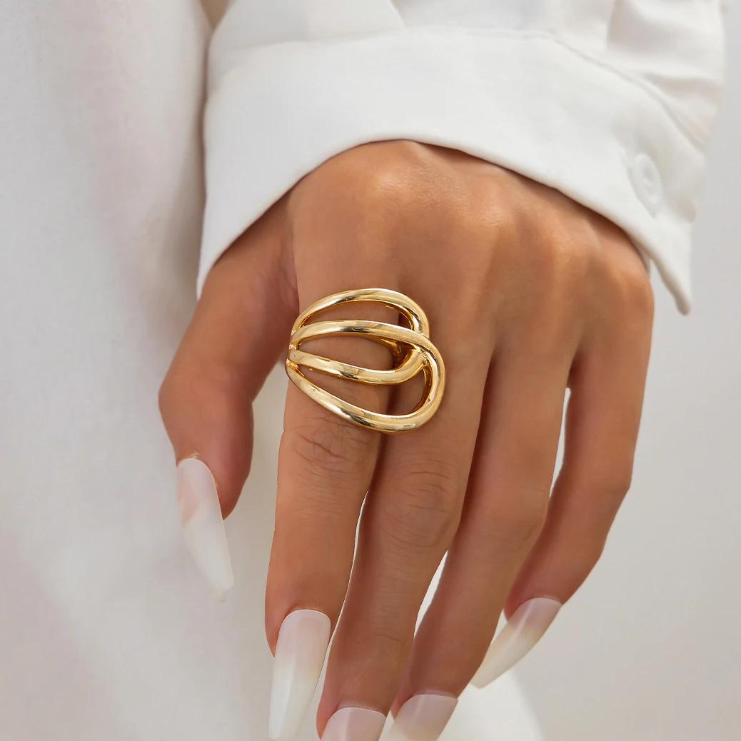 

Punk Irregular Metal Line Rings for Women Men Gold Copper Color Geometric Hollow Circular Adjustable Finger Knuckle Ring Zircon