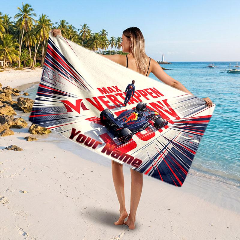 Asciugamano da Spiaggia Personalizzato con Nome Testo Max Verstappen, Asciugamano Morbido Assorbente per Spiaggia Piscina Viaggio Regalo Personale