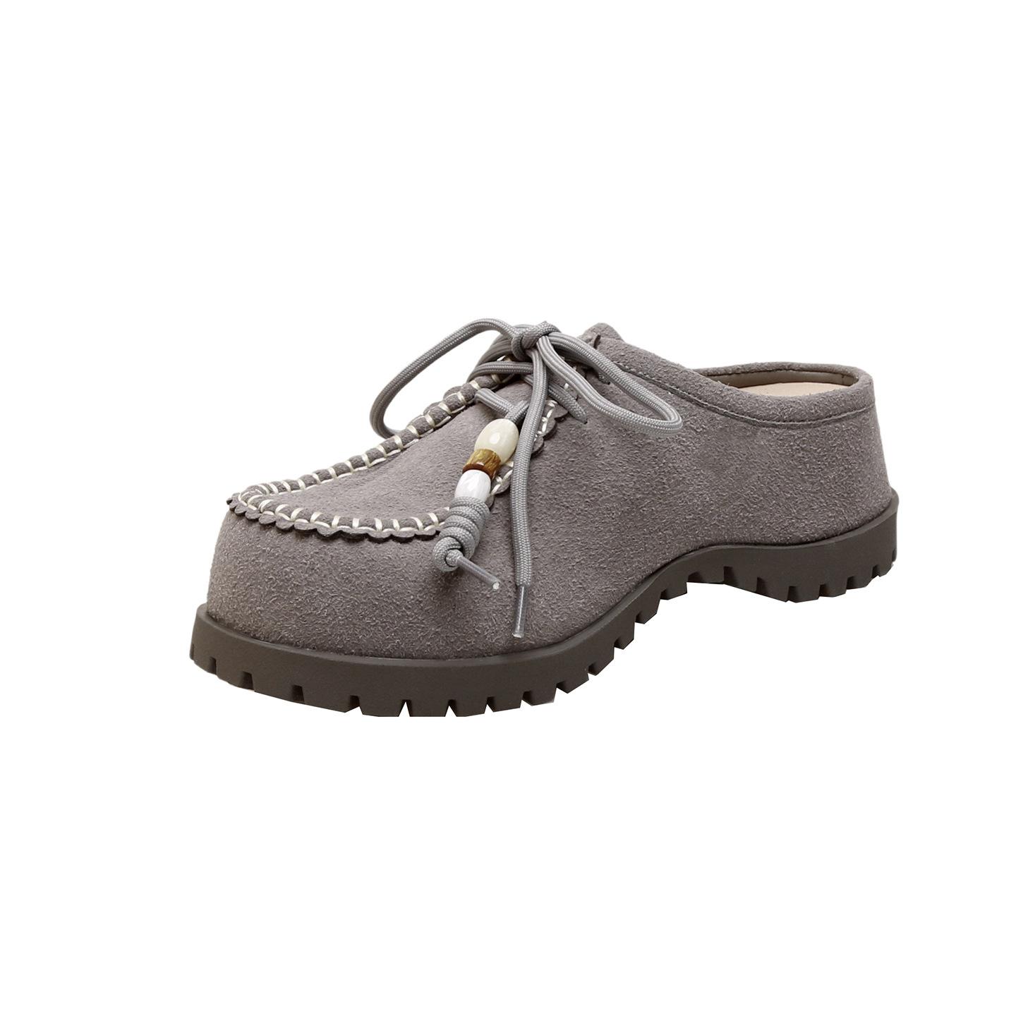 

2025 autumn model height increase 5.5cm cute big head beaded lace-up cow velvet kangaroo burken half drag women s slippers 40