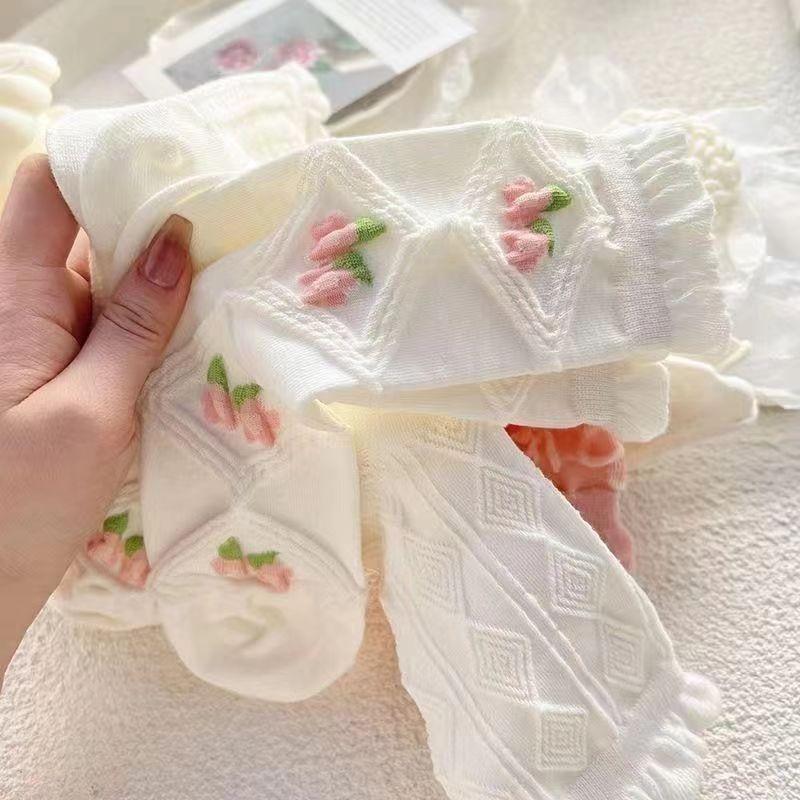 5 Pairs Cute Lace Mid Tube Socks Women's Lolitajk Ruffled Harajuku Style Autumn Winter Soft Versatile Fashionable Girl Socks