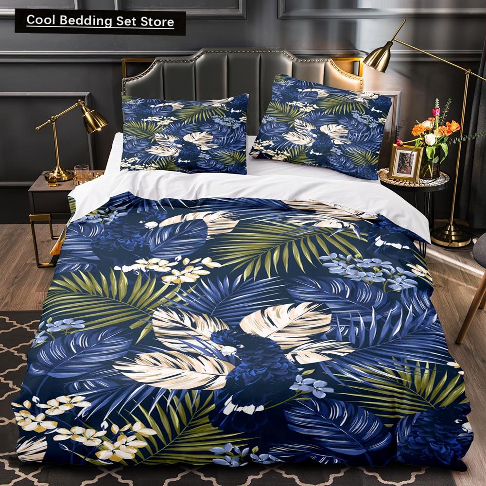 Tropical Plants Floral King Queen Duvet Cover Green Palm Leaves Bedding Set Cream-colored Flowers 2/3pcs Polyester Quilt Cover