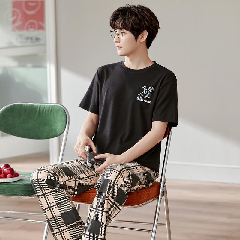 Summer Couple Pajamas Set: Women's Short Sleeve Plaid Top with Long Pants, Pure Cotton Casual Sportswear, Men's Plus Size, Spring/Summer Collection.