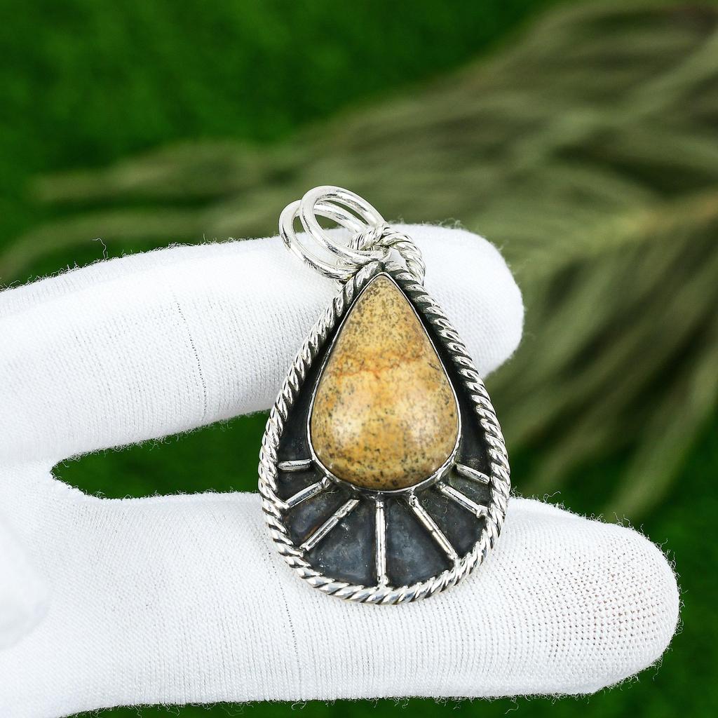 Natürlicher Bildjaspis Edelstein Anhänger Gelb 925 Sterlingsilber Schmuck