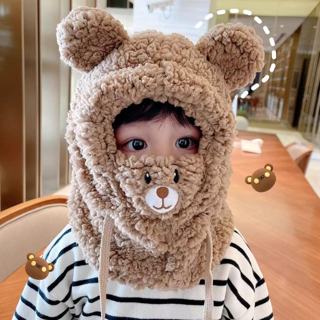 Children's bear hat, mask, scarf, integrated women's autumn and winter thickened plush scarf, ear protection, cute warm cotton hat