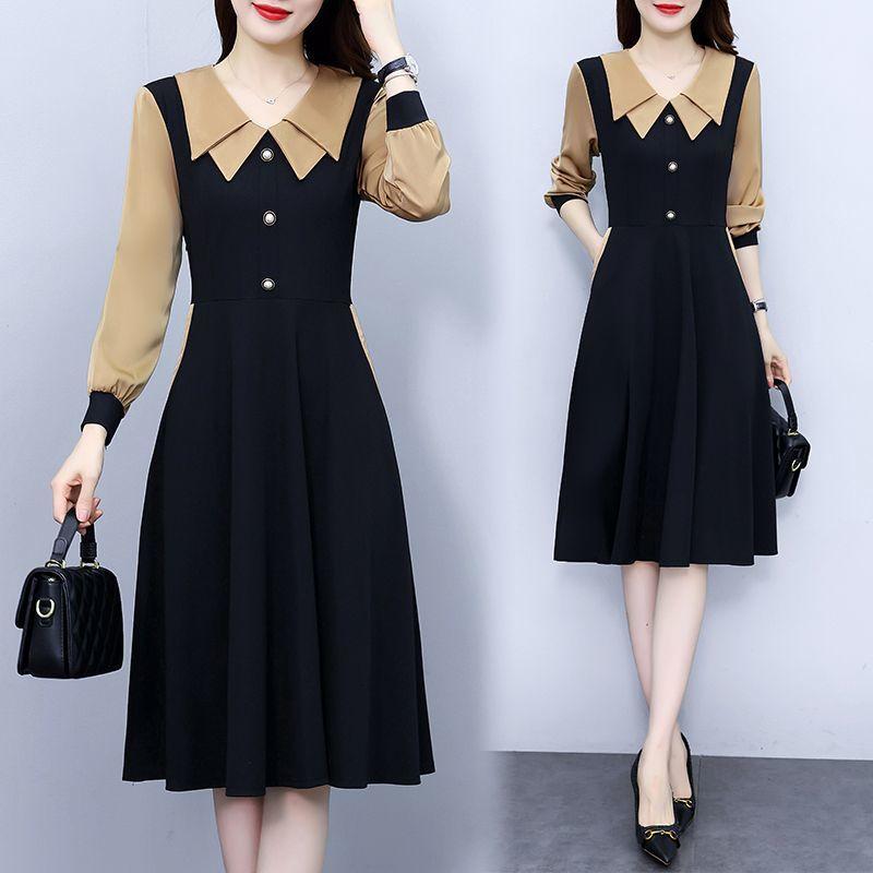 Women's Korean-Style Casual Slimming Elegant A-Line Dress Zipper Patchwork Button Fake Two-Piece Long-Sleeve Dress