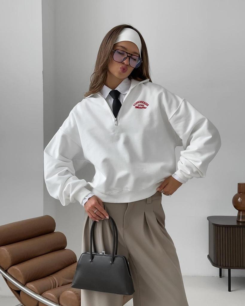 European and American basic semi-zipper pullover sweater women's 2025 new letter printing casual jacket