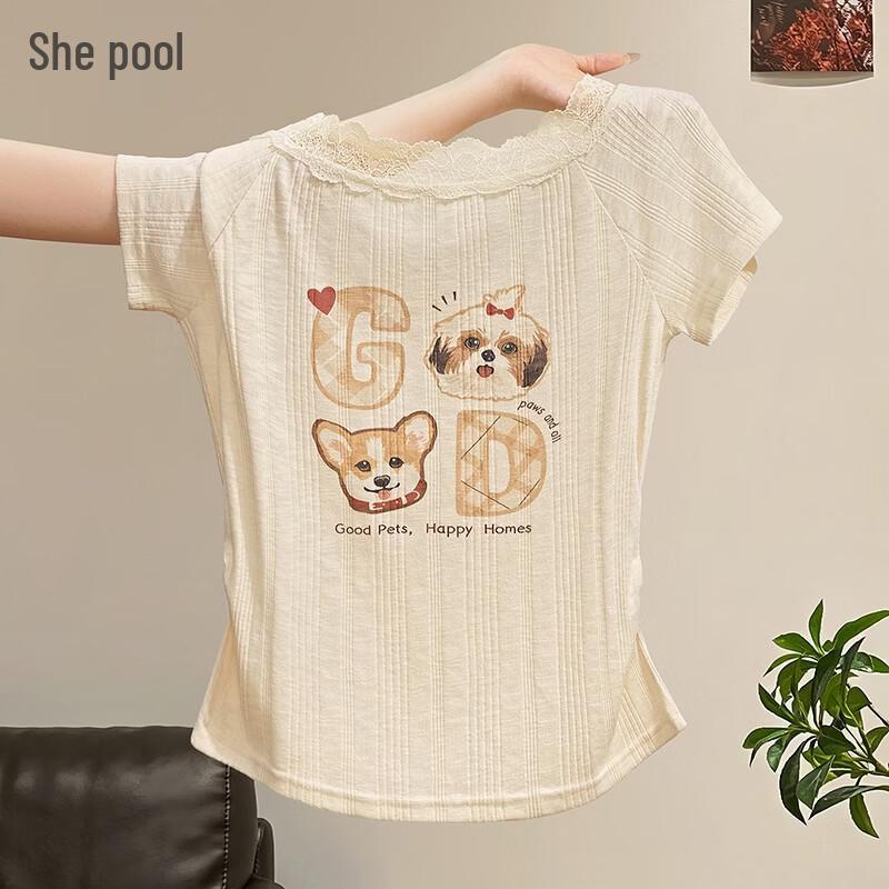 She Chi Women s Lace Off-Shoulder Shirred Waist T-Shirt S