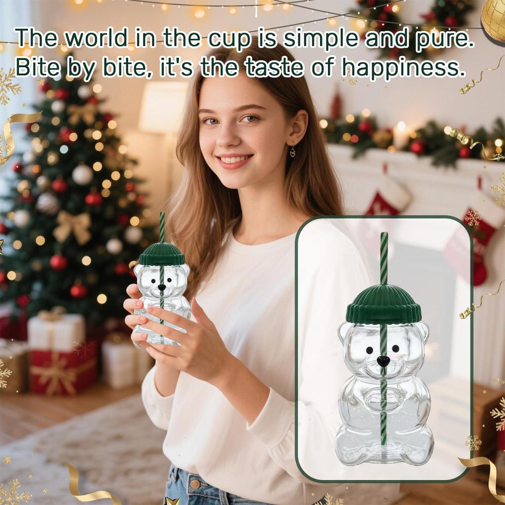 Bear-Shaped Glass Straw Cup: Cute Transparent Design, Green Hat Water Cup