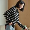 Fanzhen Women's 100% Wool Striped Turn-Down Collar Sweater