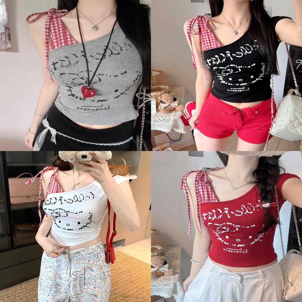 Hello Kitty T Shirt With Cartoon Print And Tie Detail For Summer Casual Wear