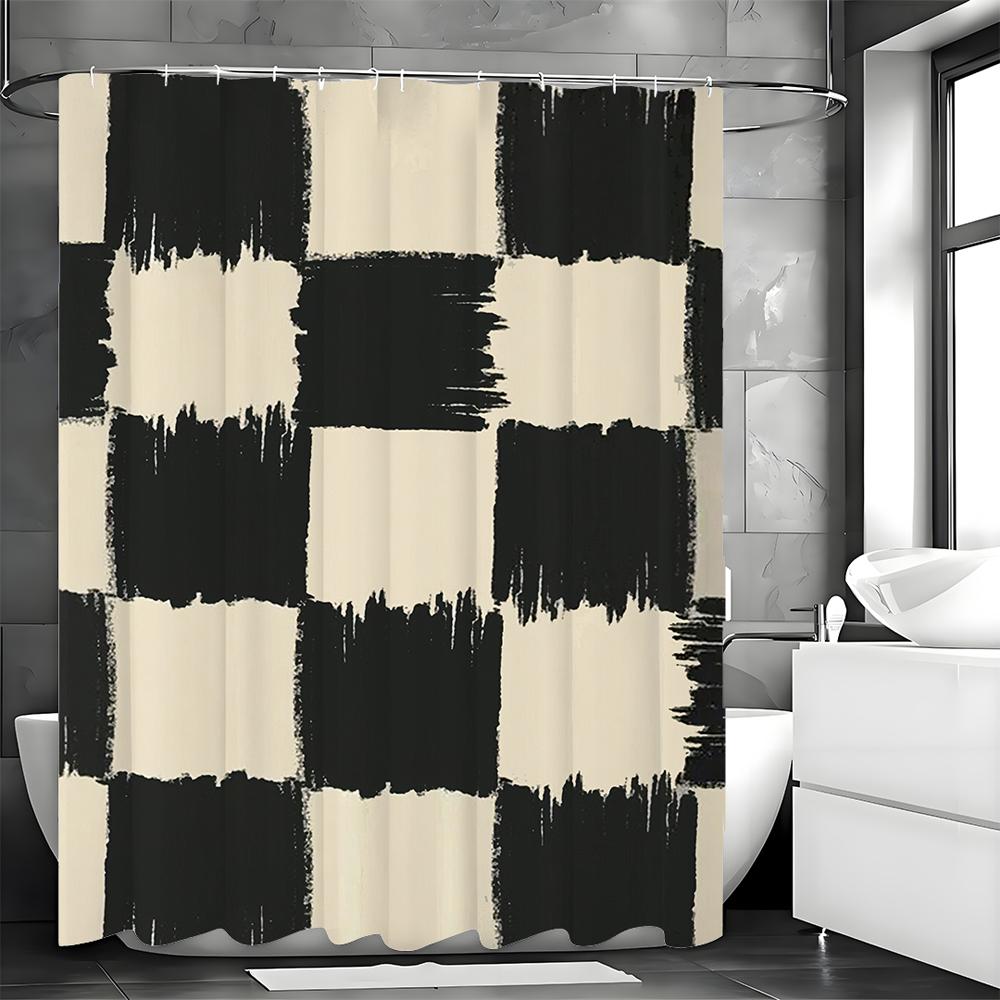 Irregular Square Textured Black Apricot Shower Curtain, Bathroom Decorative Shower Curtain, Waterproof Shower Curtain with Hooks
