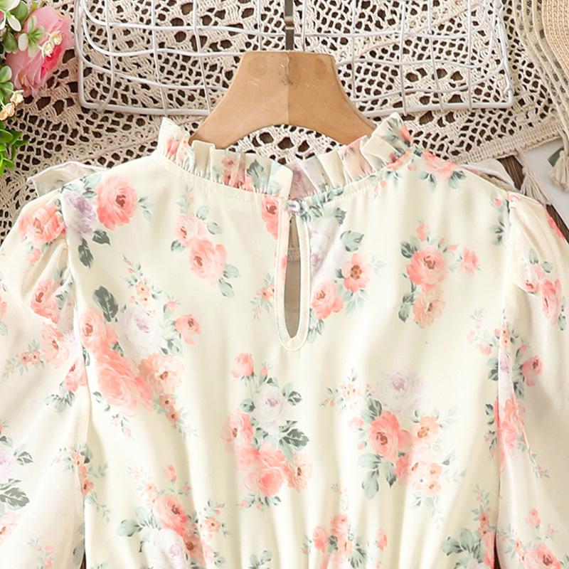 Dívčí šaty Dětské oblečení Podzim a zima Nový styl Květinový potisk Dlouhý rukáv Dívka 8-12Y Princeznovské šaty