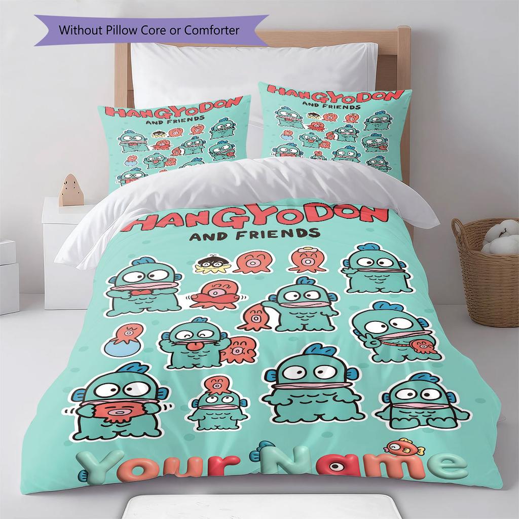 Custom Name,Cartoon Keroppi Hangyodon Series Pattern Bedding Home Decoration Birthday Gift ( 1 duvet cover + 2 pillowcase, without core),fan merchandi
