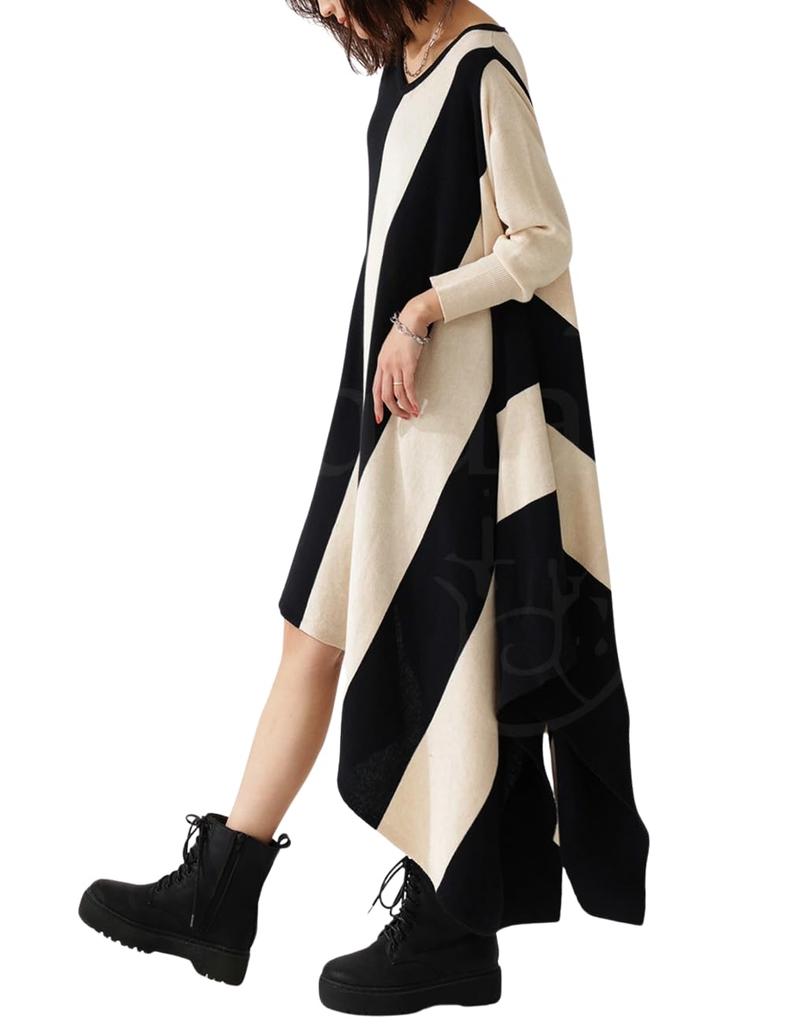 Antiqua Bias Striped Knit Black X Oatmeal Women's Dress, Asymmetrical, PN-00011, 05,