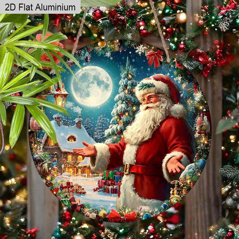 Panneau de Noël en Aluminium Coloré Plat 2D - Ornements Figurine Navidad avec Motif Père Noël & Couronne - Idéal pour Porte d'Entrée, Mur, Porche, Clôture