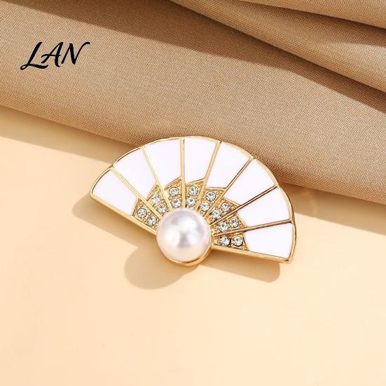 Decorative Fan Accessory Faux Pearl Rhinestone Brooch, Women Girls Chinese Lapel Anti-tarnish Brooch Pin, Badge Jewelry for Clothes Bag Hat Scarf Suit