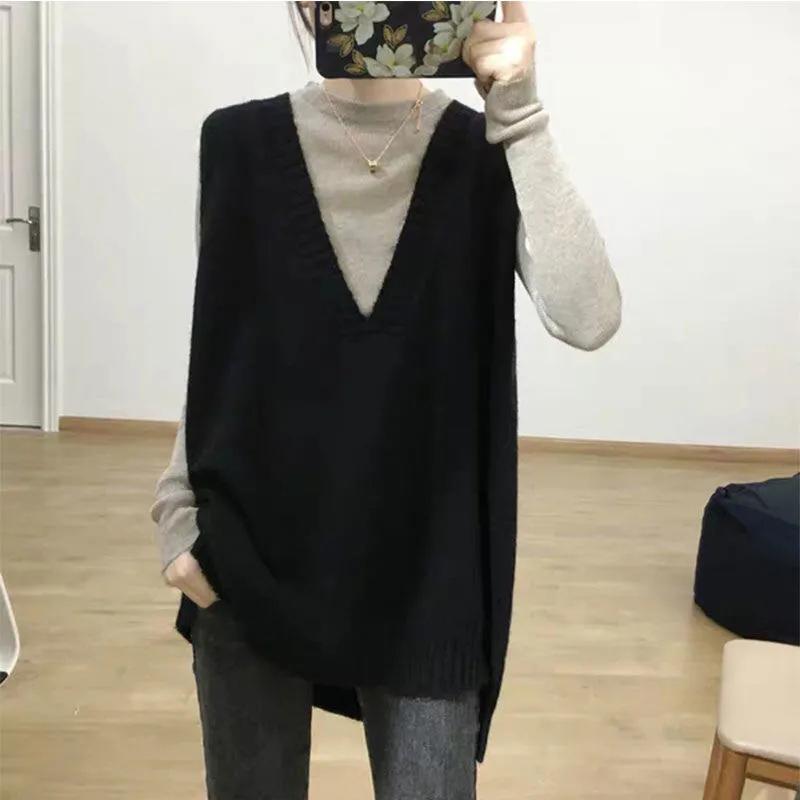 Women's Autumn Spring Vest Knitted Sleeveless V-neck Sweater Casual Loose Solid Color Sweater Vests