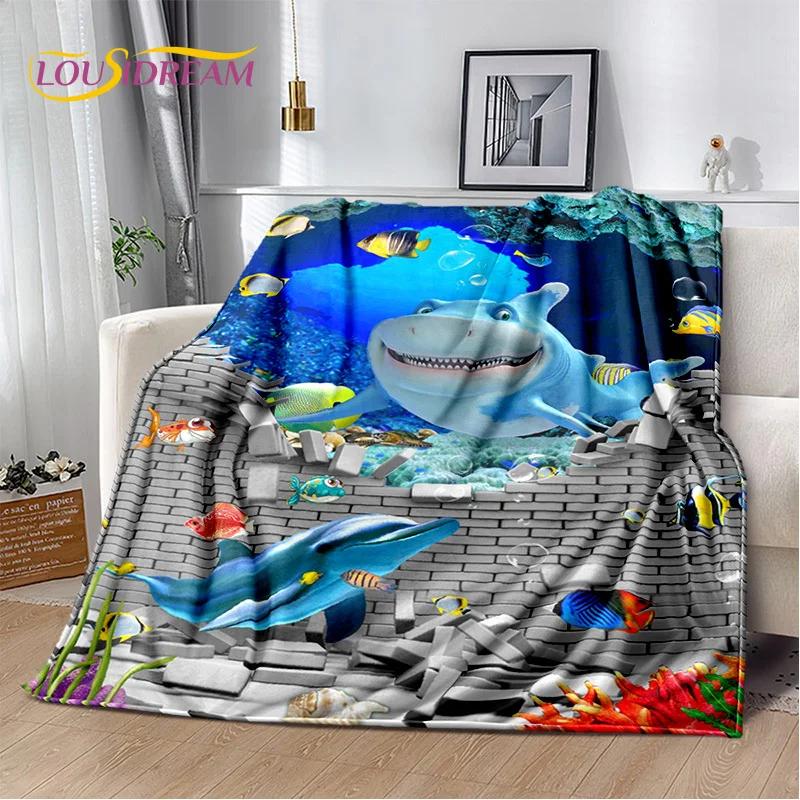 Underwater World 3D Illusion Seabed Cartoon Shark Dolphin Blanket,Soft Throw Blanket for Home Bedroom Bed Sofa Travel Cover Kids