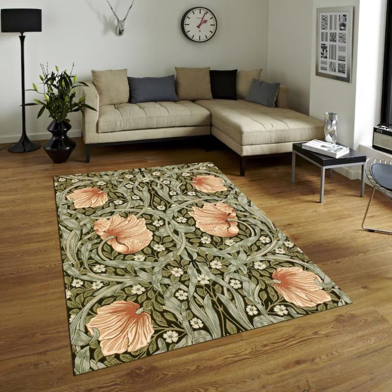 William Morris Inspired Floral Garden Rug – Anti-Slip Green Art Carpet for Living Room, Arts & Crafts Style Floor Mat Decor