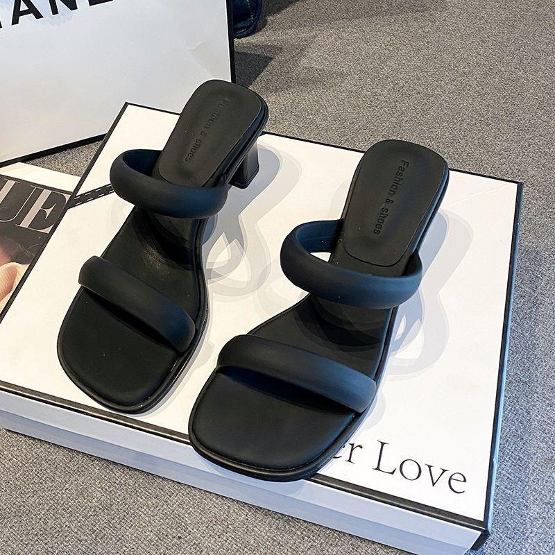 French thick heel simple word with sandals women's 2025 autumn new high-end wear cool slippers open-toed high heels