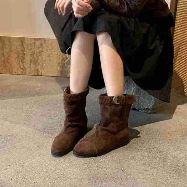 Autumn new inner height increase retro stacking boots woven belt buckle round head short boots for winter