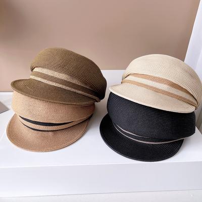 Japanese Contrasting Color Striped Newsboy Hat Female Summer Sun Protection Shadingstraw Hat Original Suefeng Cap Simple Navycap