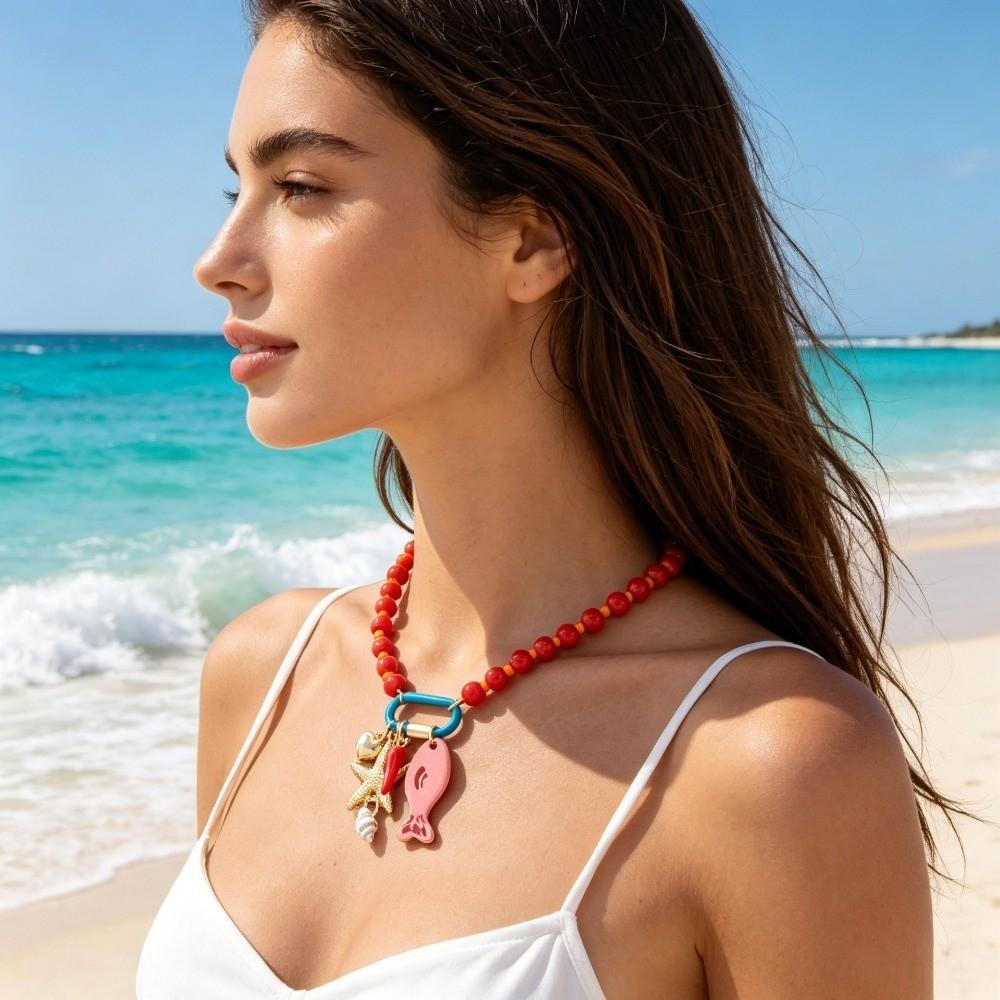Colorful Beads Beaded Necklace Starfish Shell Charm Boho Necklace  Vacation Beach Party