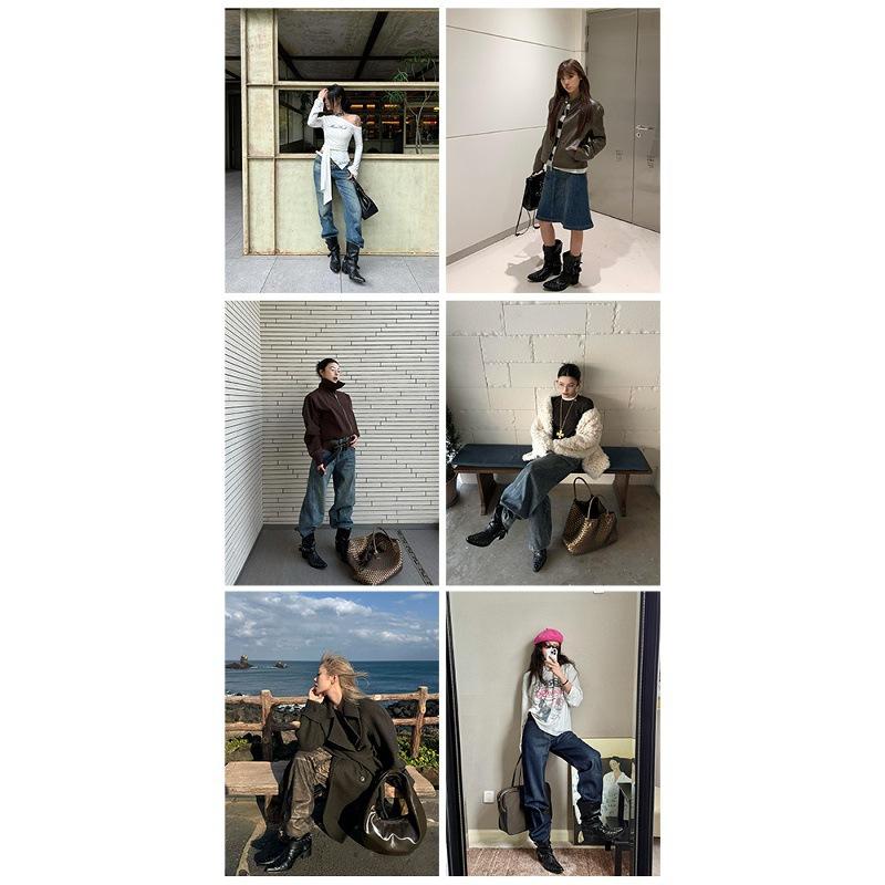 Cowhide Version~ Niche Spice Girl Leather Rivet Short Tube Western Cowboy Boots Women's Thick Heel Locomotive Martin Boots Leather Boots