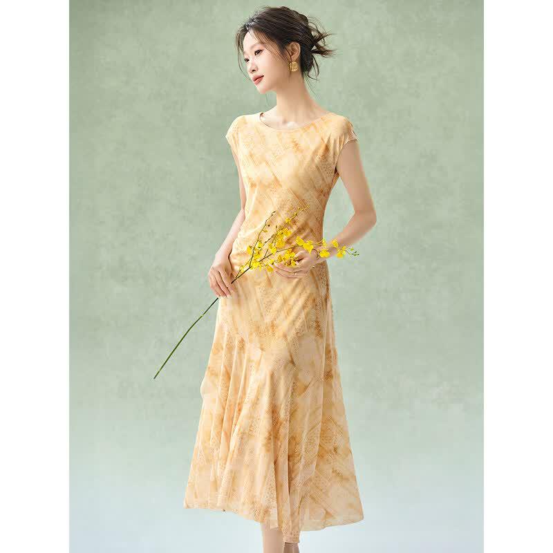 Mo Han Yi Mei Summer Printed Cap Sleeve A-line Dress XL