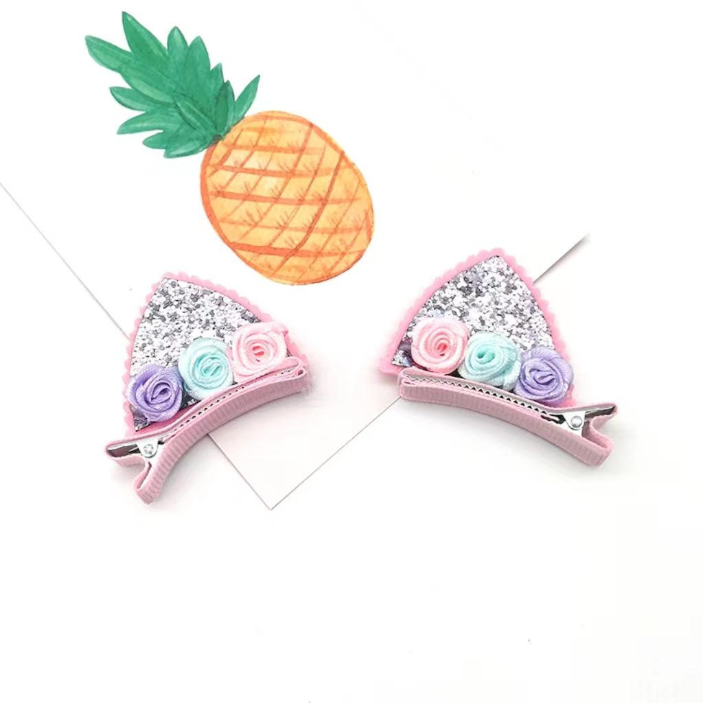 2 st kattöronhårklämmor glitter regnbågsfilt tygblomma hårnålar Cosplay Kawaii Hårklämmor Barnhuvudbonader Håraccessoarer