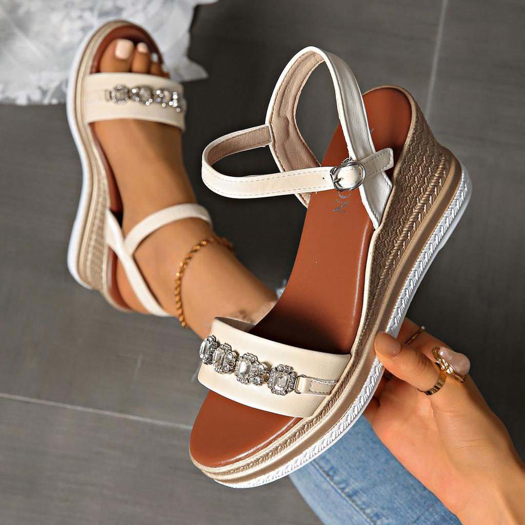 Shiny Large Crystal Chain Wedges Sandals for Women Fashion Ankle Buckle Chunky Platform Shoes Summer Thick Sole Non Slip Shoes