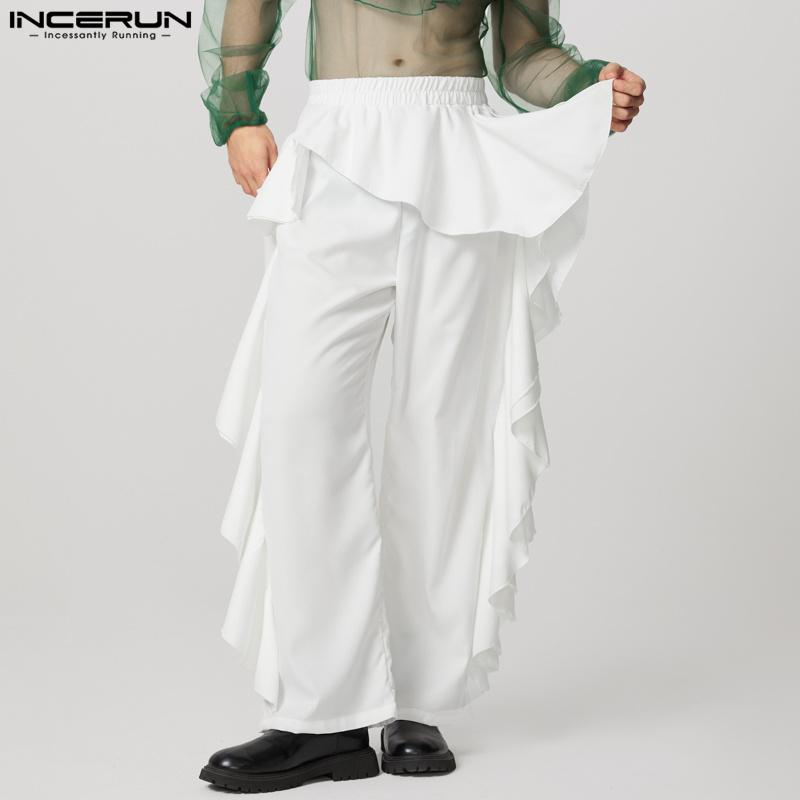INCERUN Herrenhose mit elastischer Taille, einfarbig, unregelmäßige Rüschen, lange Hose