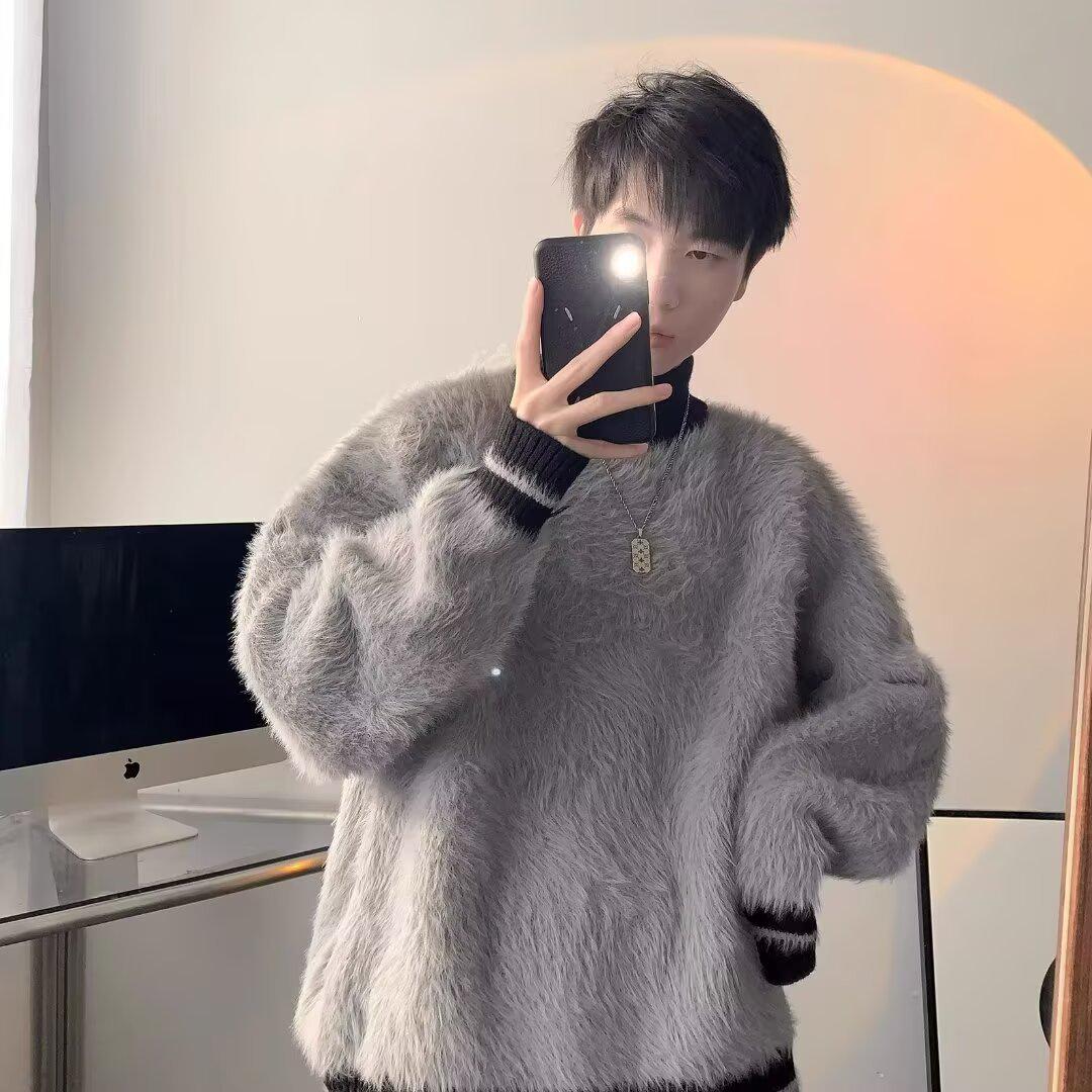 Unisex American Style Faux Mink Patchwork High Neck Sweater - Casual Fashionable Long Sleeve Top for Autumn Winter XL серый 2770₽